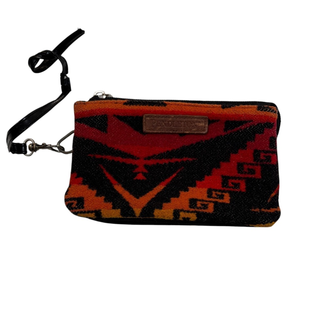 Pendleton Wool Southwestern Geometric Wristlet Pouch Red Orange Black 7x4.5